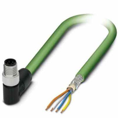 PHOENIX CONTACT-1080528 Cable Assembly Other Network cable, PROFINET CAT5 (100 Mbps), EtherCAT® CAT5 (100 Mbps), 4-position, PUR/FRNC halogen-free, green RAL 6018, shielded (Advanced Shielding Technology), Plug angled M8 / IP67, coding: D, on free cable end, cable length: 2 m