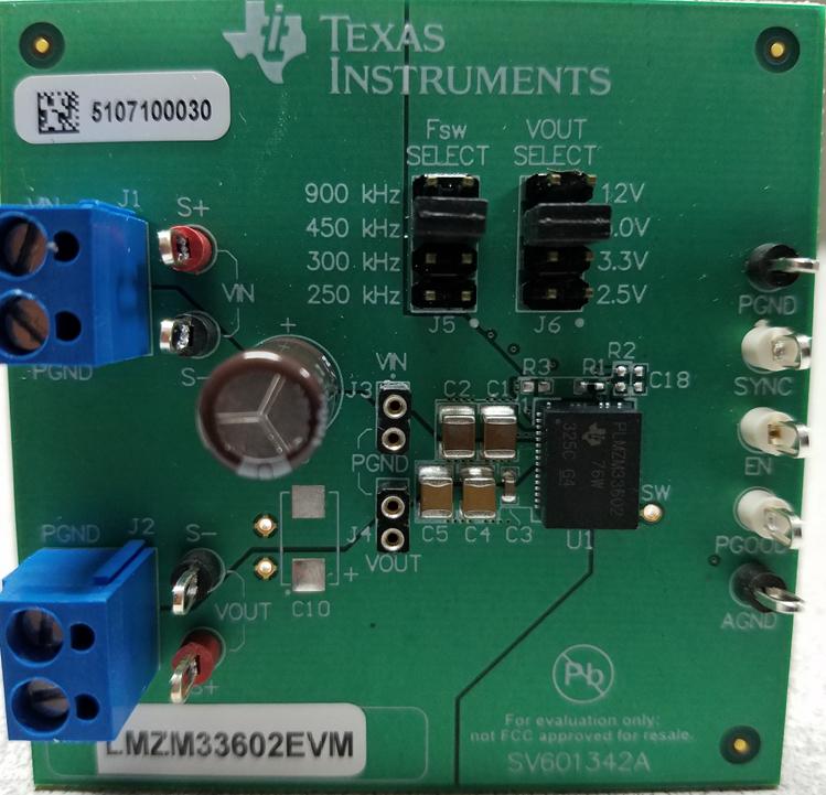 Texas Instruments-LMZM33602EVM Placas y kits de desarrollo de administración de potencia LMZM33602 DC to DC Converter and Switching Regulator Module 2.5V/3.3V/5V/12V Output Evaluation Board