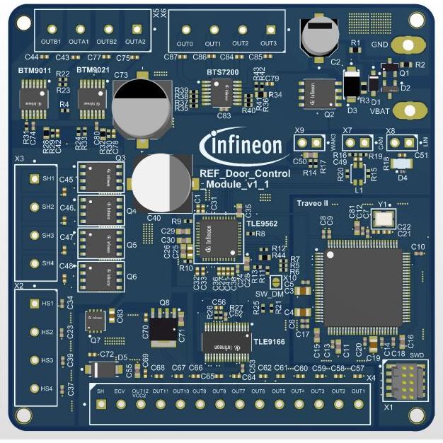 Infineon Technologies AG-REFDOORCONTROLTOBO1 Energiemanagement, Entwicklungsplatinen und -kits BTM90X1/BTS7200/TLE9166EQ/TLE9562 Current Limit Switch/Motion Motor Control Reference Design Board