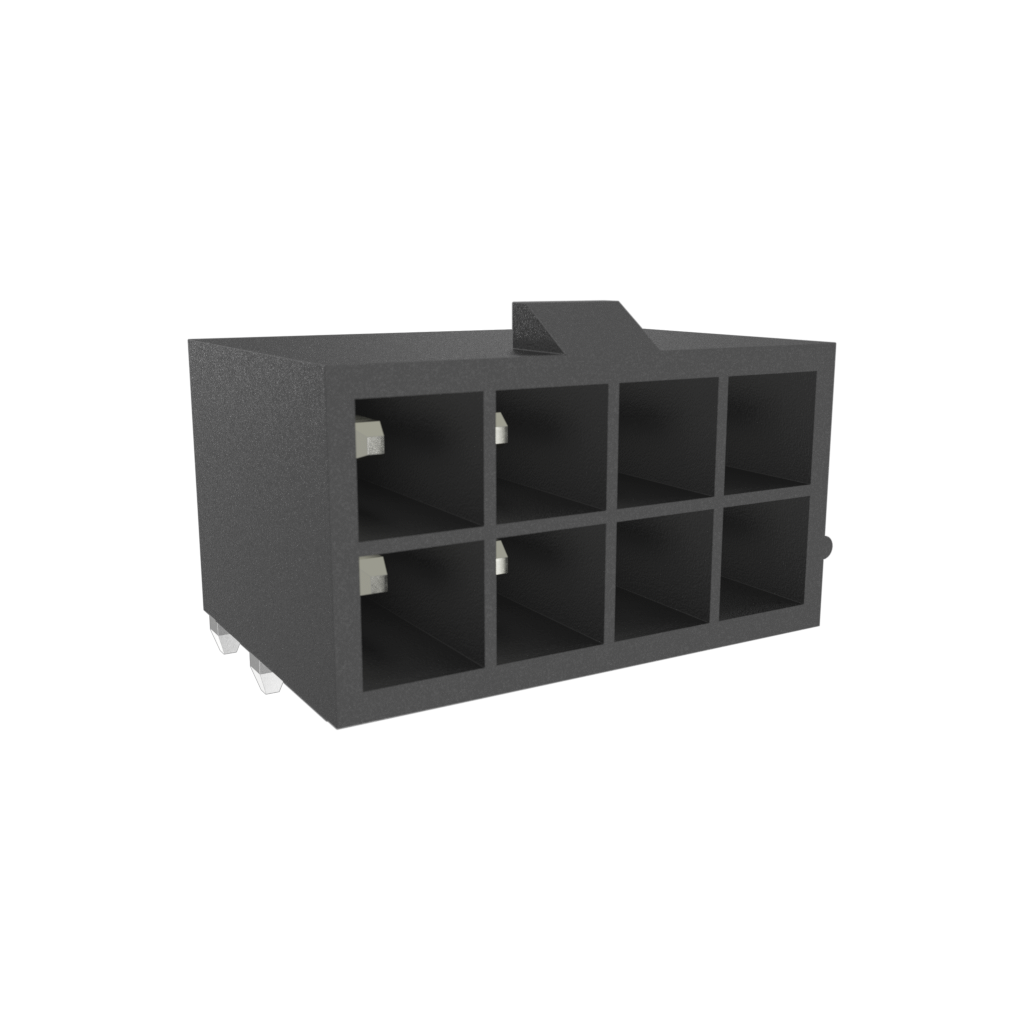 Amphenol Communications Solutions-10127819-08221LF Steckverbinderleisten und Leiterplattenbuchsen Minitek® Pwr4.2 header, Dual row, Right-Angle Through hole, Tin plating, Black Color, 8 positions, Non Glow Wire Compatible