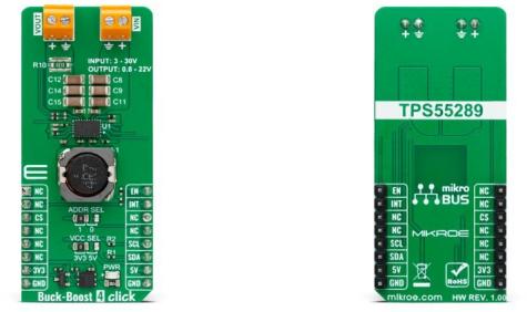 MikroElektronika-MIKROE-5924 Placas y kits de desarrollo de administración de potencia TPS55289 DC to DC Converter and Switching Regulator Chip 0.8V to 22V Output Click Board
