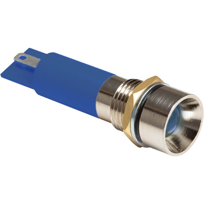Bivar-MPR12-3BWD24V Panel Mount Indicators IP54 Rated Sealed Panel Mount Indicators, M12 Nut and Spring Lock Washer, 24V, Blue Housing, Blue LED, 8mm Blue Diffused Tinted Lens with Recessed Dome
