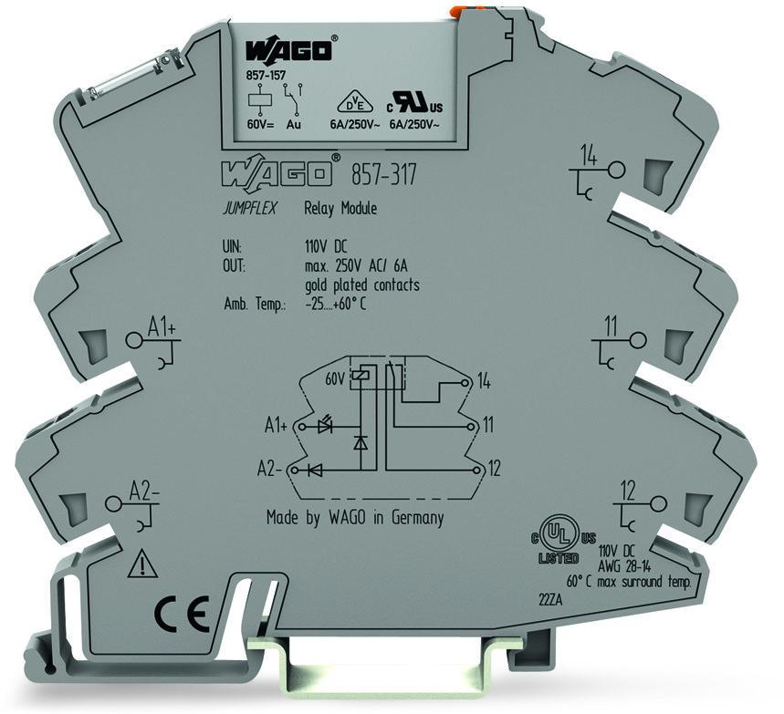WAGO-857-317 Sonstige Relais Relay Module, Nominal input voltage 110 VDC, 1 changeover Contact, Limiting continuous current 6 A, with gold Contacts, Yellow indicator, Module width 6 mm