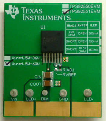 Texas Instruments-TPS92551EVM/NOPB Herramientas y kits de desarrollo TPS92551 LED Driver Evaluation Board