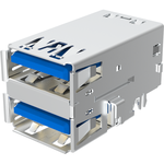 Amphenol Communications Solutions-GSB3115273TF3HR Connector USB USB 3.0, Type A, Receptacle, Right Angle Stacked Sink, 11.42mm Height, 18 Pins, Shell Without Flange, Shell with Nickel Plating, Shell Dip Pitch 15.6mm, 15 uin Gold, Dip 3mm, Blue High Temperature Housing, Tray Packaging