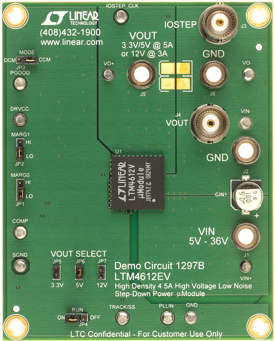 Analog Devices-DC1297B Kit e schede di sviluppo gestione della potenza LTM4612EV Demo Board, EN55022B Compliant, 5V ≤ VIN ≤ 36V, VOUT = 3.3V or 5V @ 5A, or VOUT = 12V @ 3A