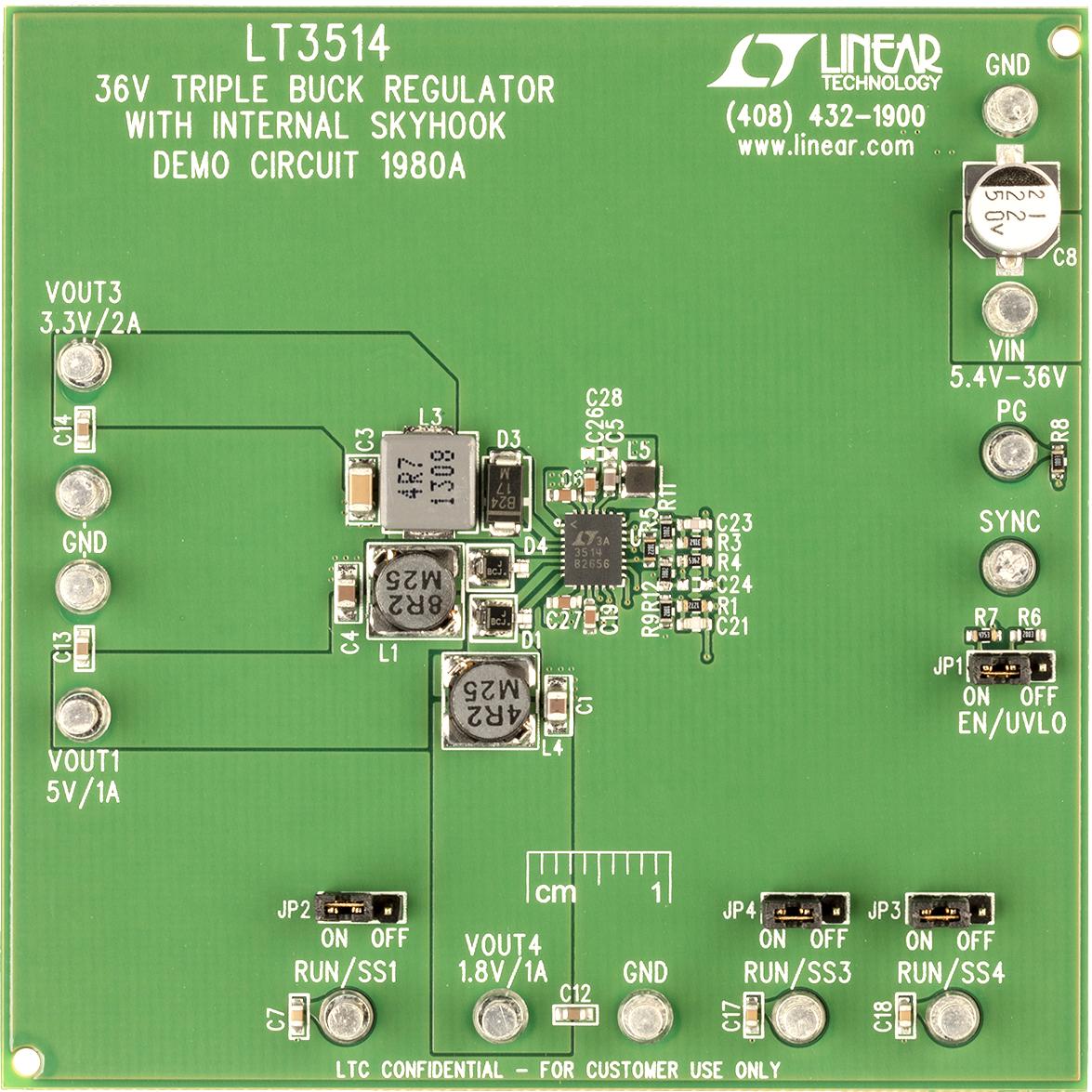 Analog Devices-DC1980A Cartes et kits de développement de gestion de la puissance LT3514 Demo Board, 5.4V to 36VIN, Triple Output; VOUT1 = 5V @ 1A, VOUT2 = 3.3V @ 2A, VOUT3 = 1.8V @ 1A