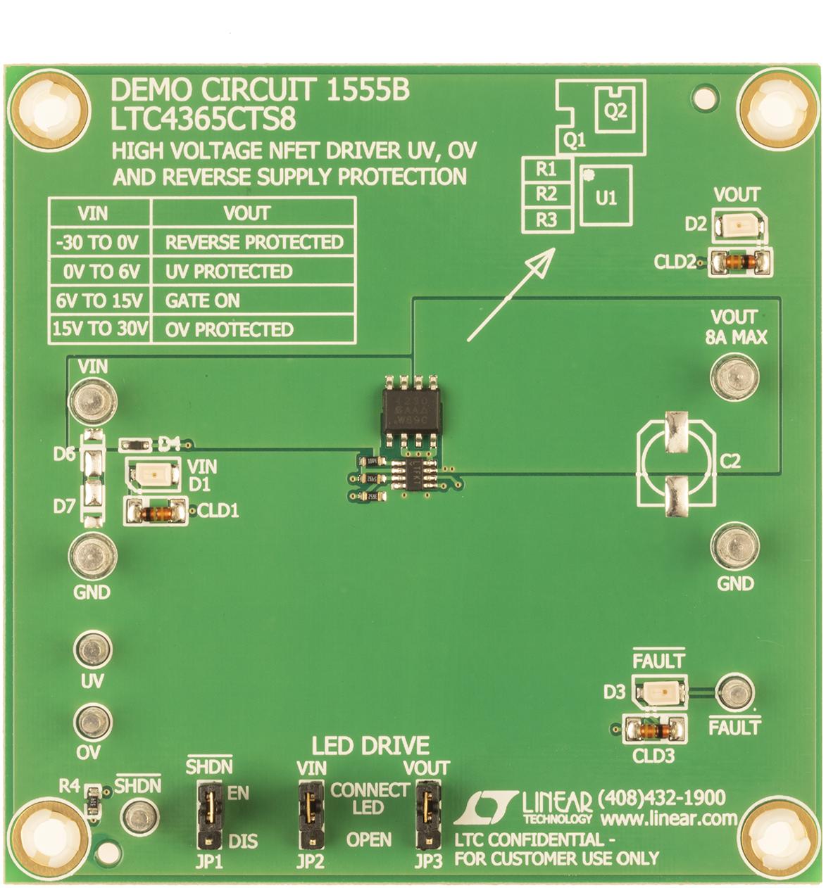 Analog Devices-DC1555B Power Management Development Boards and Kits LTC4365CTS8 Demo Board, High Voltage NFET Driver for UV, OV and Reverse Supply Protection