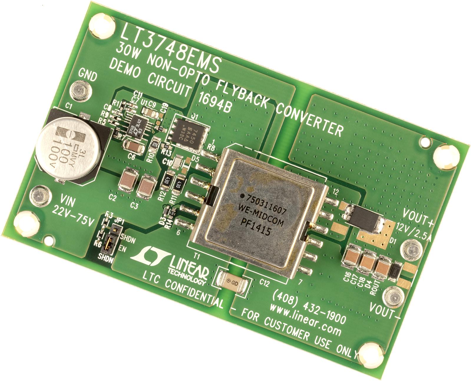 Analog Devices-DC1694B Energiemanagement, Entwicklungsplatinen und -kits LT3748EMS Isolated Demo Board, No-Opto Flyback, 22V ≤ VIN ≤ 75V; VOUT = 12V @ 2.5A