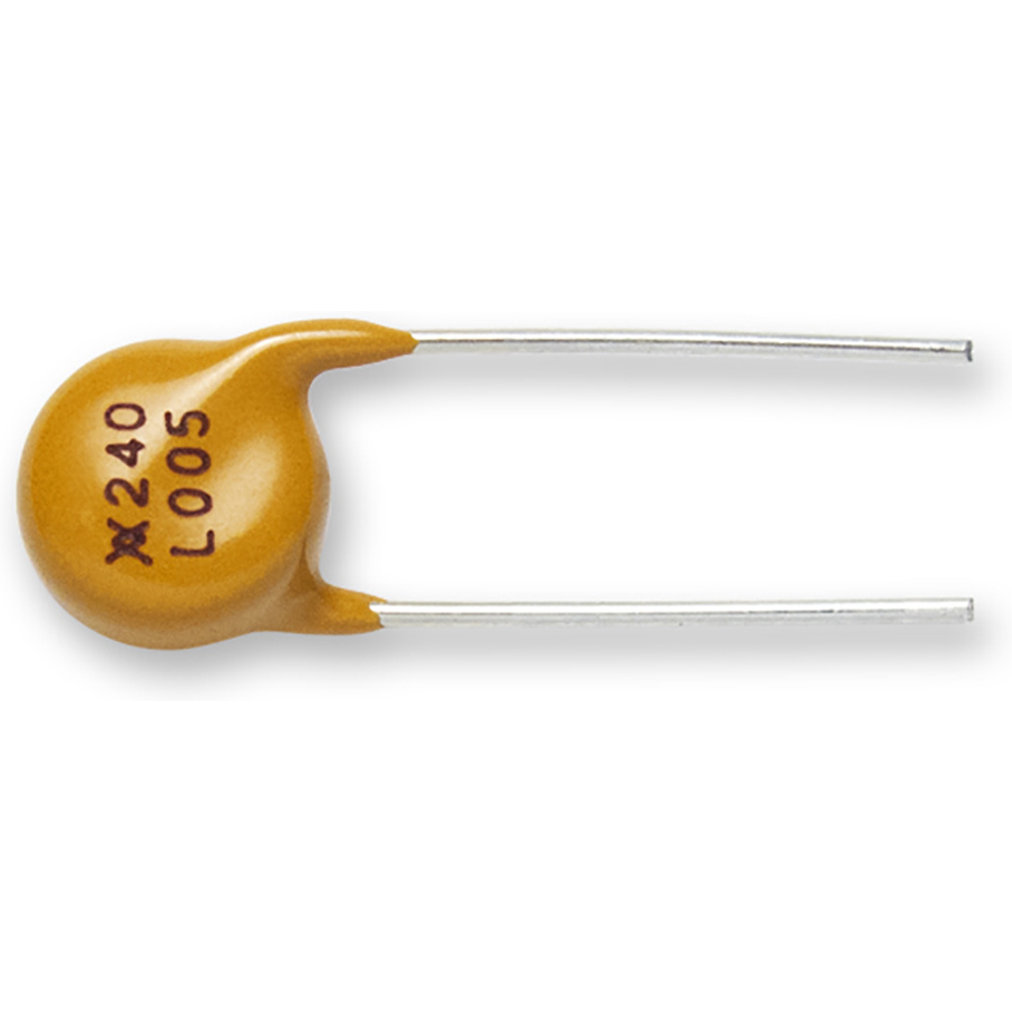 Littelfuse-RF1245-000 Fusible reprogramable PTC PTC Resettable Fuse 0.05A(hold) 0.12A(trip) 240VAC 1A 0.9W 10s 18.5Ohm Radial 6.9 X 4.6mm Bag