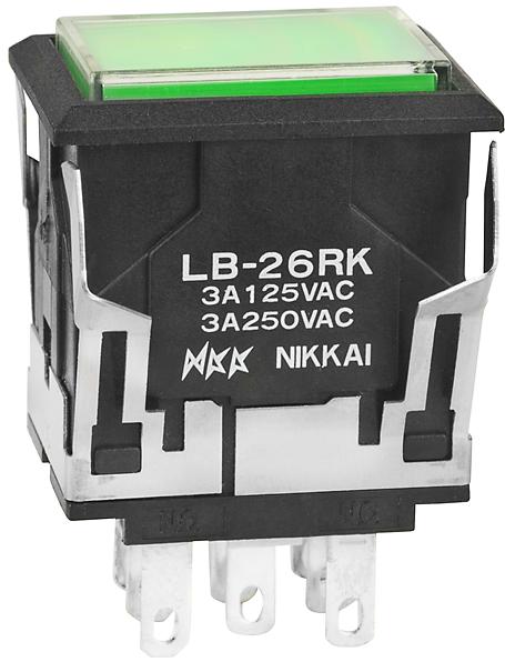 NKK Switches-LB26RKW01-5F-JF Botón pulsador Switch Push Button ON ON DPDT Rectangular Button 3A 250VAC 30VDC Alternate Panel Mount Quick Connect/Solder Lug