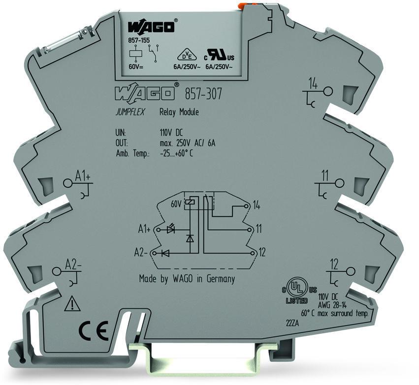 WAGO-857-307 Sonstige Relais Relay Module, Nominal input voltage 110 VDC, 1 changeover Contact, Limiting continuous current 6 A, Yellow indicator, Module width 6 mm