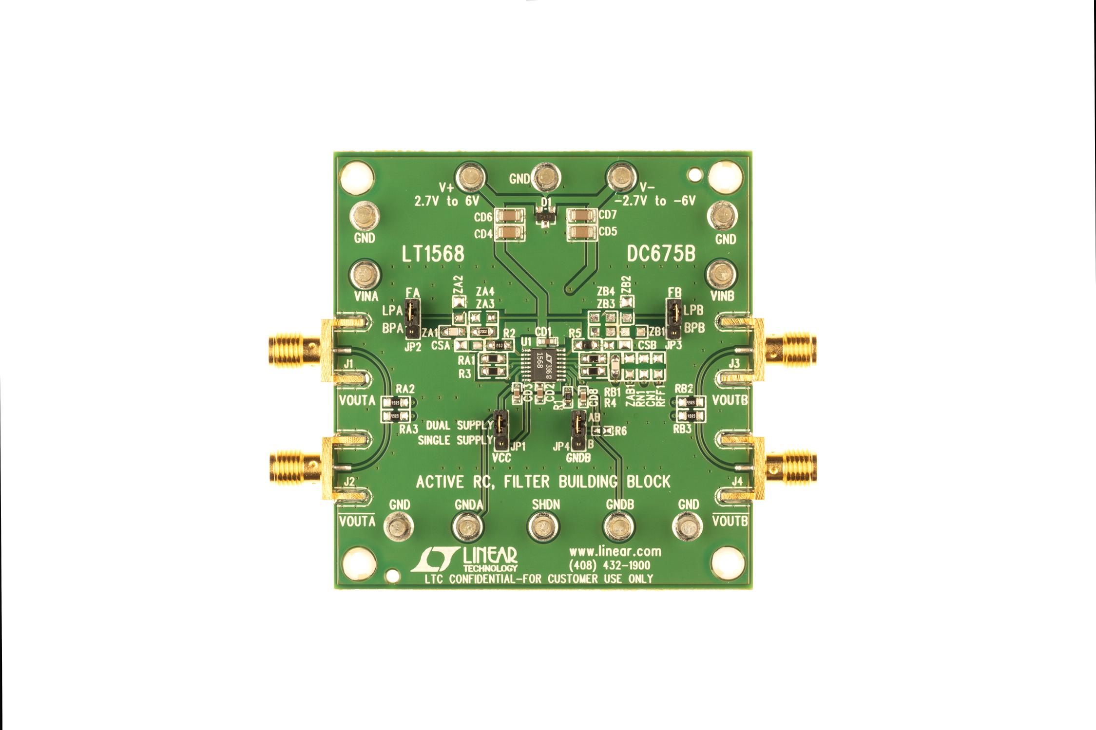 Analog Devices-DC675B RF/Drahtlos-Entwicklungsplatinen und Kits LT1568CGN Demo Board, Active Filter Building Block IC Configured as 4th Order 500kHz Bandpass