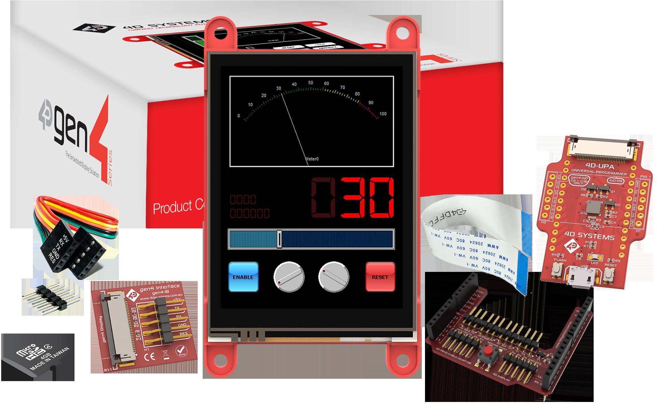 4D Systems-SK-GEN4-28PT-AR Entwicklungssätze und Werkzeuge Starter Kit for gen4-uLCD-28PT-AR with 4D Arduino Adaptor Shield-II, 4D-UPA , 4GB Industrial microSD Card, 150 mm FFC Cable, 5-way female-to-female ribbon cable with male-to-male adaptor
