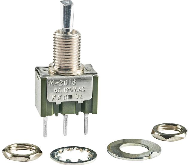 NKK Switches-M2018E2S1W03 Kippschalter Switch Toggle (ON) OFF (ON) SPDT Small Flat Lever PC Pins 6A 250VAC 30VDC PC Mount with Threads