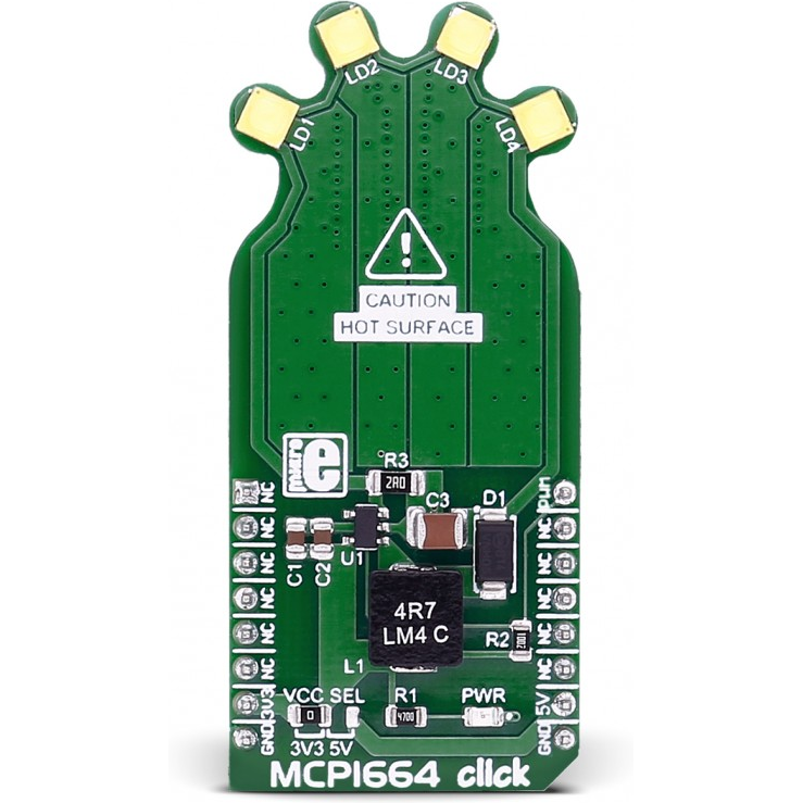 MikroElektronika-MIKROE-2548 Energiemanagement, Entwicklungsplatinen und -kits MCP1664 DC to DC Converter and Switching Regulator Chip 32V Output Click Board