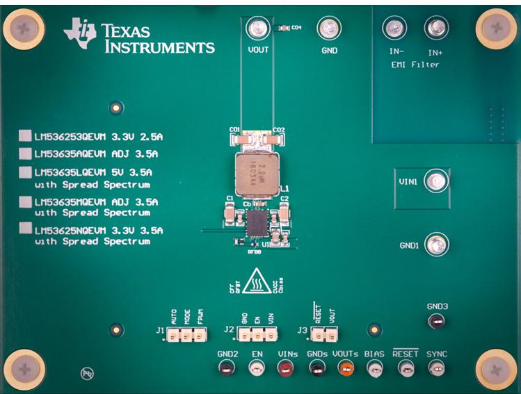 Texas Instruments-LM53635AQEVM Energiemanagement, Entwicklungsplatinen und -kits LM53635AQRNLRQ1 DC to DC Converter and Switching Regulator Chip 5V Output Evaluation Board