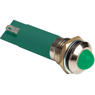 Bivar-MPC12-2GD24V Panel Mount Indicators IP54 Rated Sealed Panel Mount Indicators, M12 Nut and Spring Lock Washer, 24V, Green Housing, Green LED, 8mm Green Diffused Tinted Lens with 4.0mm Dome Protrusion