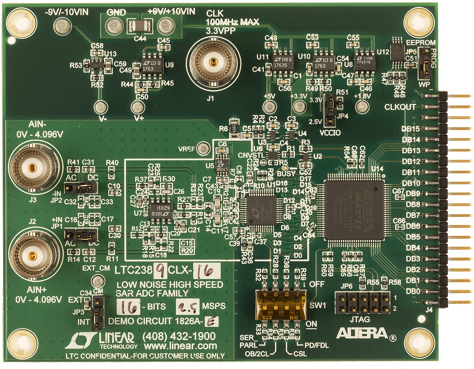 Analog Devices-DC1826A-E Data Conversion Development Boards and Kits LTC2389-16 with LTC6655/LT6201, 16-Bit, 2.5Msps, Serial/Parallel SAR ADC with 96dB SNR. Requires DC718