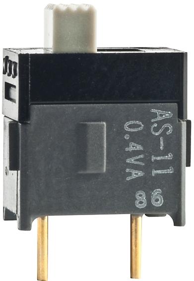 NKK Switches-AS11AP Interruptor corredizo Switch Slide ON None OFF SPST Top Slide 0.1A 28VAC 28VDC 0.4VA 50000Cycles PC Pins Thru-Hole