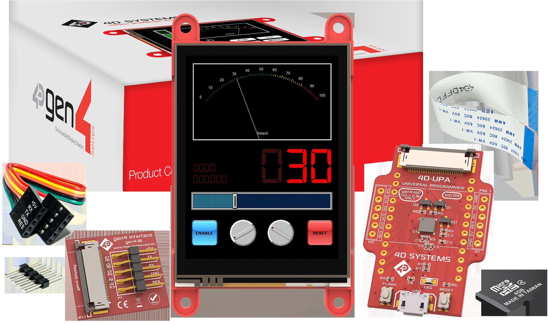 4D Systems-SK-GEN4-28PT Entwicklungssätze und Werkzeuge Starter Kit for gen4-uLCD-28PTwith uSD-4GB Industrial, gen4-IB, 4D-UPAand 150mm FFC Cable