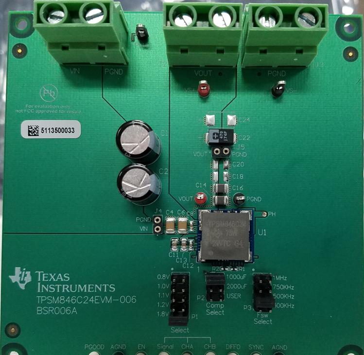 Texas Instruments-TPSM846C24EVM-006 Placas y kits de desarrollo de administración de potencia TPSM846C24 DC to DC Converter and Switching Regulator Module 0.5V to 2V Output Evaluation Board