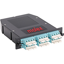 Molex-1064810112 Raccordement de fibre optique Lgx Cassette, 24 Lc Pc To 2 Male Mtp Pc, Multimode Om3, Aqua