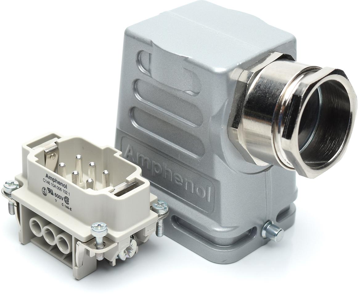 Amphenol-C14610E0069458M Connettore rettangolare 6 Position plus PE Plug Kit Male 20-12AWG Single side entry high profile hood