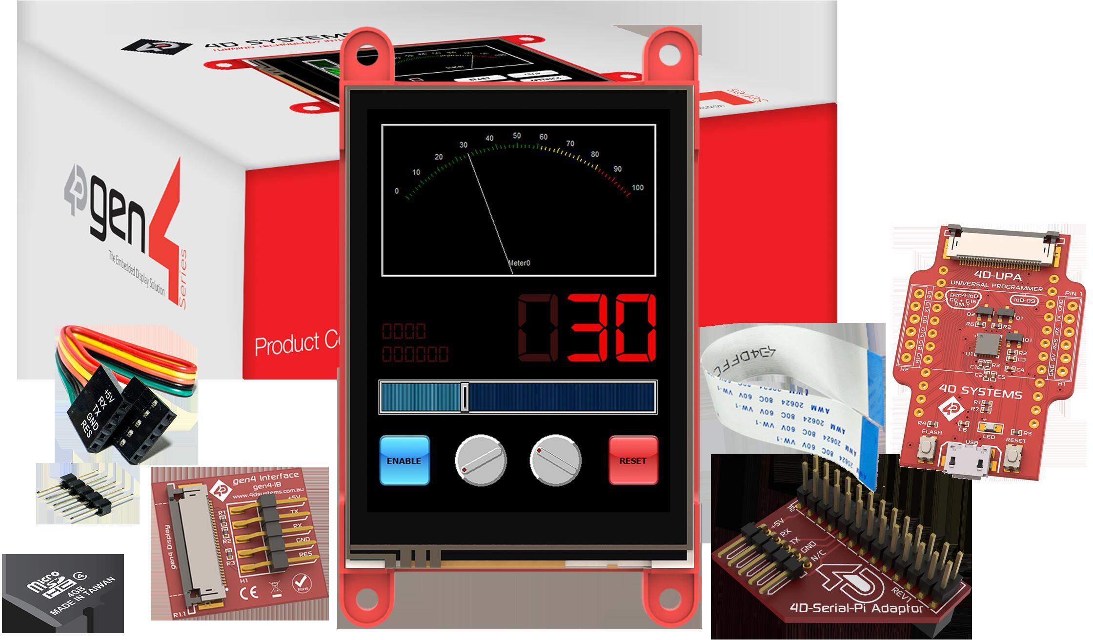 4D Systems-SK-GEN4-28PT-PI Kit e strumenti di sviluppo Starter Kit for gen4-uLCD-28PT-PI with 4D Serial Pi Adaptor, 4D-UPA , 4GB Industrial microSD Card, 150 mm FFC Cable, 5-way female-to-female ribbon cable with male-to-male adaptor