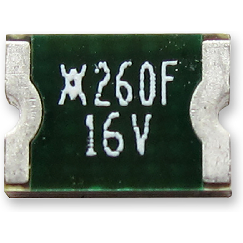 TE Connectivity-MINISMDC260F/16-2 Fusible reprogramable PTC PTC Resettable Fuse 2.6A(hold) 5A(trip) 16VDC 100A 1.2W 5s 0.015Ohm SMD Solder Pad 1812 T/R