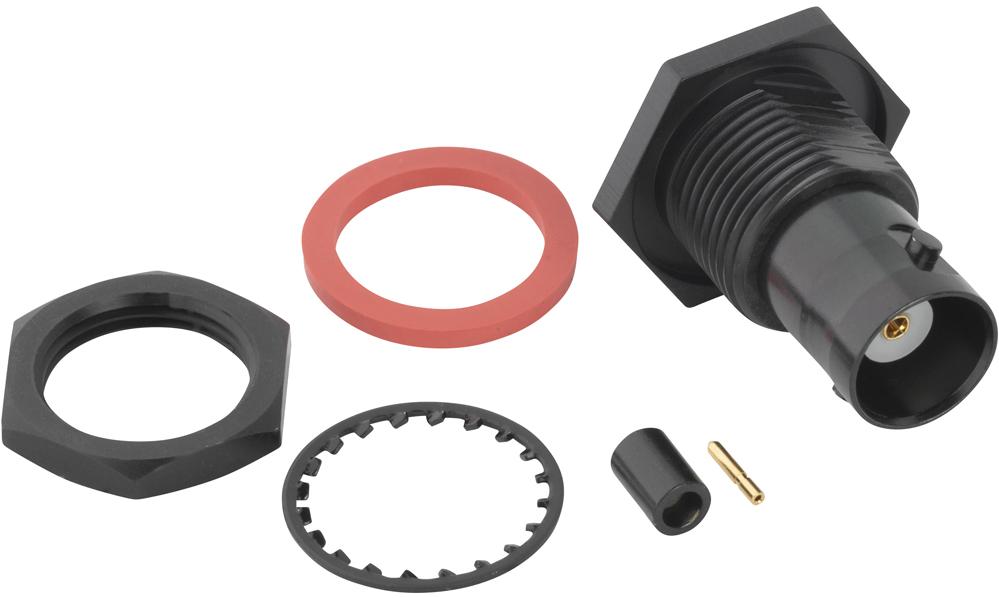 Amphenol-031-6843-BC RF-Steckverbinder BNC Straight Crimp Jack RG-178 RG-196 Bulkhead Rear Mount 50 Ohm Black Plating