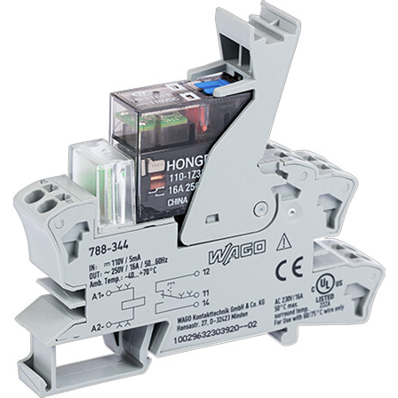 WAGO-788-344 继电器其他 Relay Module, Nominal input voltage 110 VDC, 1 changeover Contact, Limiting continuous current 16 A, with manual operation, Red indicator, Module width 15 mm