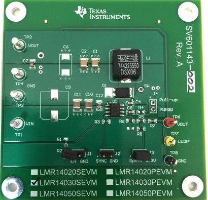 Texas Instruments-LMR14030SEVM Energiemanagement, Entwicklungsplatinen und -kits LMR14030S DC to DC Converter and Switching Regulator Chip 3.3V/5V Output Evaluation Board