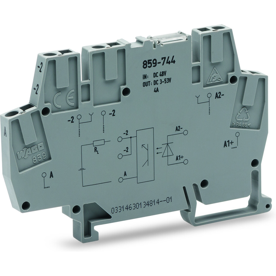 WAGO-859-744 光耦合器 Optocoupler Module, Output voltage range 10-53 VDC, Limiting continuous current 4 A, 2-wire connection, Module width 6 mm