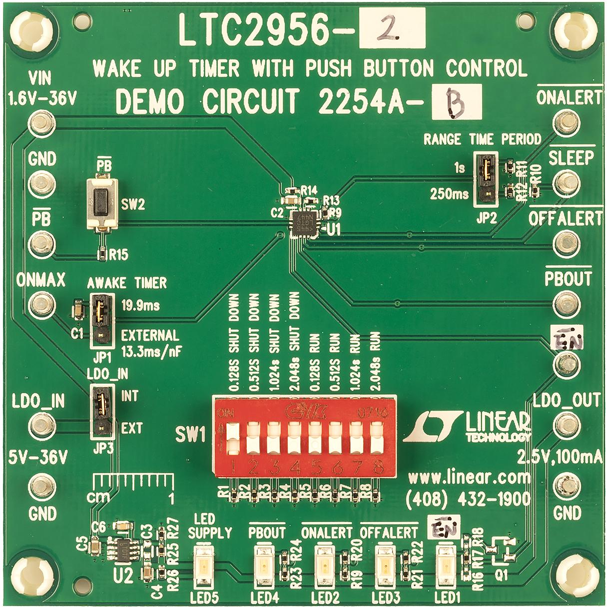 Analog Devices-DC2254A-B Cartes et kits de développement de gestion de la puissance LTC2956-2 Demo Board, Wake-Up Timer with Pushbutton Control, EN Pin