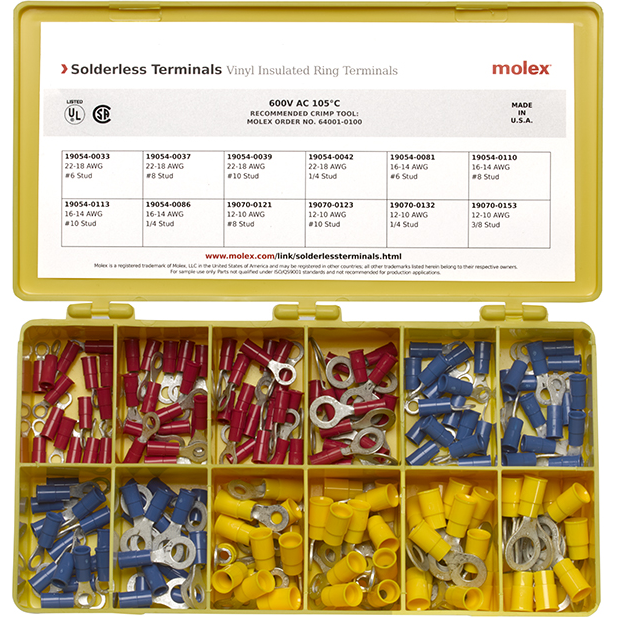 Molex-194130108 元器件套件 Solderless Terminals Kit, Vinyl Insulated Ring Terminals