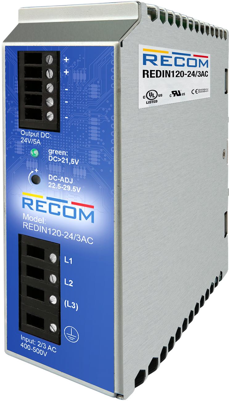 RECOM Power-REDIN120-24/3AC Suministro de energía de AC a CC AC/DC Power Supply Single-OUT 24V 5A 120W 9-Pin Box
