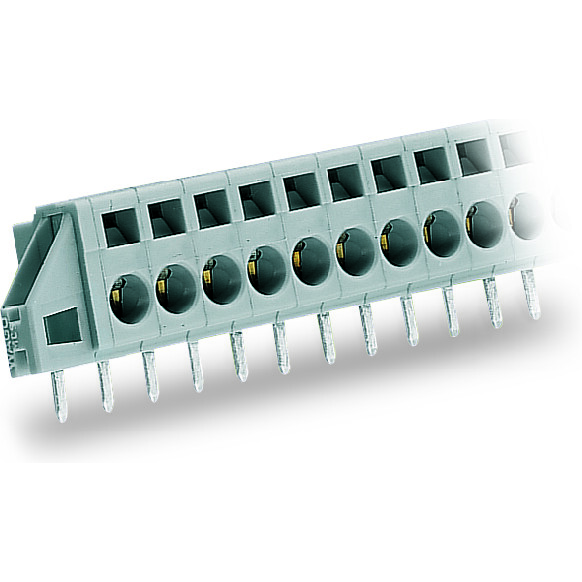 WAGO-231-602/023-000 Steckverbinder, Klemmenblöcke Through-panel PCB terminal strip, angled solder pin 1x1.2 mm, 2-pole, with fixing flanges, pin spacing 5 mm - 0.197 in, for flush mounting, gray
