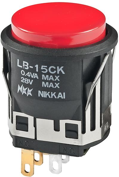 NKK Switches-LB15CKG01-C Druckknopfschalter Switch Push Button ON (ON) SPDT Round Button 0.1A 28VAC 28VDC 0.4VA Momentary Panel Mount Quick Connect/Solder Lug