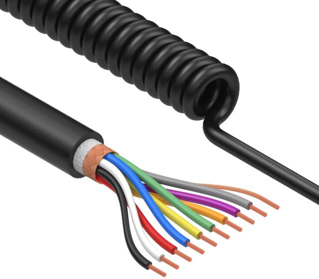Tensility International-31-00136 Cavo a più conduttori Coiled Cable Braid Thermoplastic Elastomer 9Conductors 24AWG 6.2mm 300V Black Thermoplastic Polyurethane 2.23m