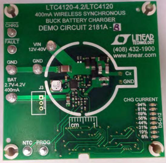 Analog Devices-DC2181A-A Energiemanagement, Entwicklungsplatinen und -kits LTC4120EUD-4.2 Demo Board, Wireless Power Receiver and 400mA Buck Battery Charger with Fixed 4.2V charge voltage and separate receive coil. DC2181A-A requires a transmitter such as DC1969A-B or the Proxi-Point Power-by-Proxi transmitter.