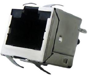 Amphenol-RJE881881410 Raccordement téléphone et télécom Low Profile Vertical RJ45, Through Hole Mount with LED, With Shield with no EMI Tabs, Gold Flash Plating