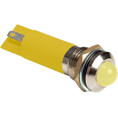 Bivar-MPC12-2YD24V Panel Mount Indicators IP54 Rated Sealed Panel Mount Indicators, M12 Nut and Spring Lock Washer, 24V, Yellow Housing, Yellow LED, 8mm Yellow Diffused Tinted Lens with 4.0mm Dome Protrusion