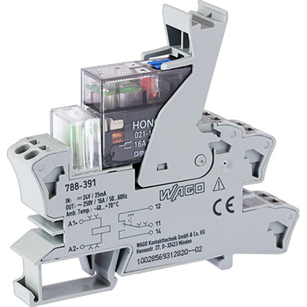 WAGO-788-391 继电器其他 Relay Module, Nominal input voltage 24 VDC, 1 changeover Contact, Limiting continuous current 16 A, with manual operation, Path, Red indicator, Module width 15 mm