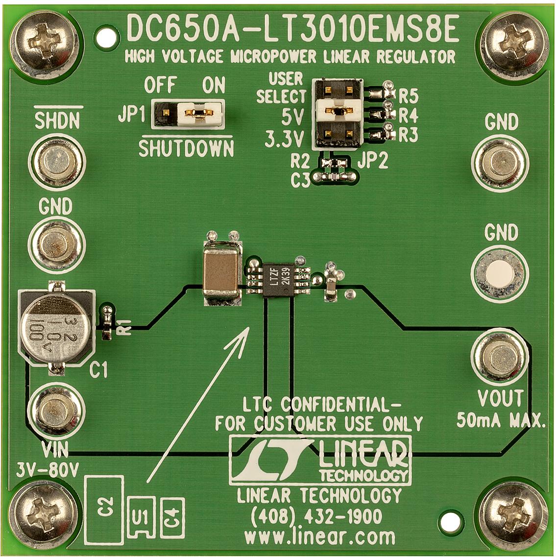 Analog Devices-DC650A Placas y kits de desarrollo de administración de potencia LT3010EMS8E Demo Board, Micropower Linear Regulator, 3V ≤ VIN ≤ 80V, VOUT = 3.3V/5V/Adjustable @ 50mA