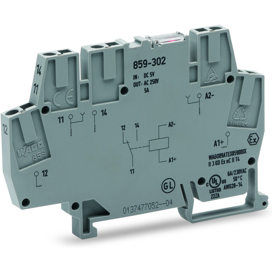 WAGO-859-304 继电器其他 Electromechanical Relay 24VDC 2.4KOhm 5A SPDT(91x6x56)mm DIN Rail Miniature Switching Relay