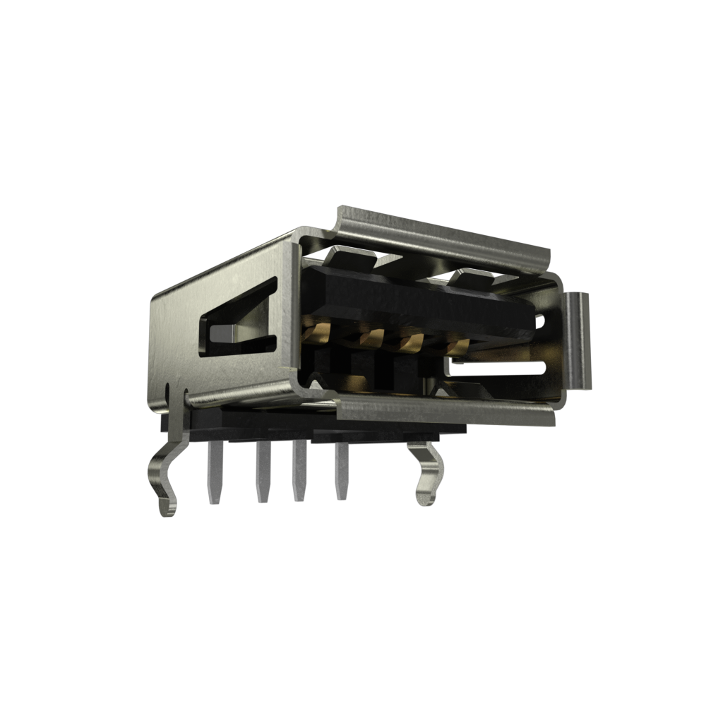 Amphenol Communications Solutions-UE27AC54100 Connector USB USB 2.0, Type A, Receptacle, Right Angle, 4 Pins, Shell Kink with Nickel Plating, 30 uin Gold, Black Housing