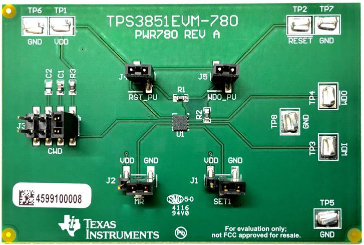 Texas Instruments-TPS3851EVM-780 Energiemanagement, Entwicklungsplatinen und -kits TPS3851 Processor Supervisory Evaluation Board