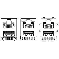 TE Connectivity-6-1775855-3 Interfaccia connettore Conn RJ-45/USB F/F 8/4 POS 1.27mm/2mm Solder RA Thru-Hole 16 Terminal 1/1 Port Box/Tray