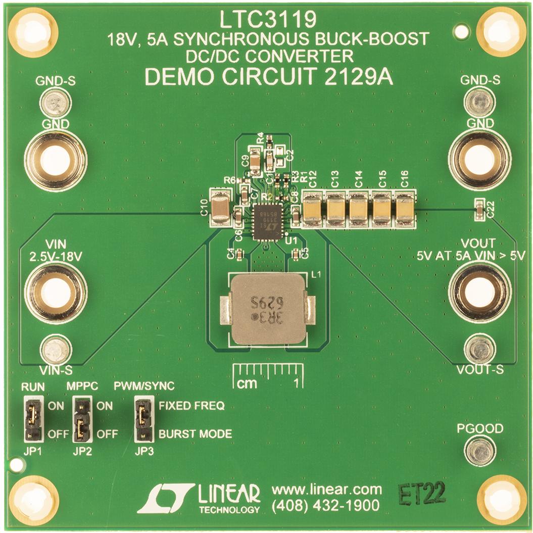 Analog Devices-DC2129A Energiemanagement, Entwicklungsplatinen und -kits LTC3119 Demo Board, Synchronous Buck-Boost, 2.5V ≤ VIN ≤ 18V, VOUT = 5V @ up to 5A